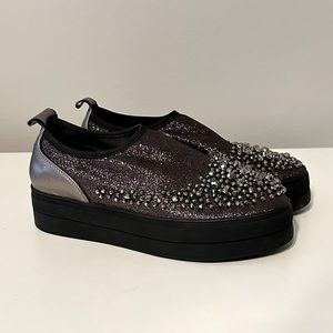 Black Beaded Platform Sneakers Slip On Shoes Women Size 7.5/24